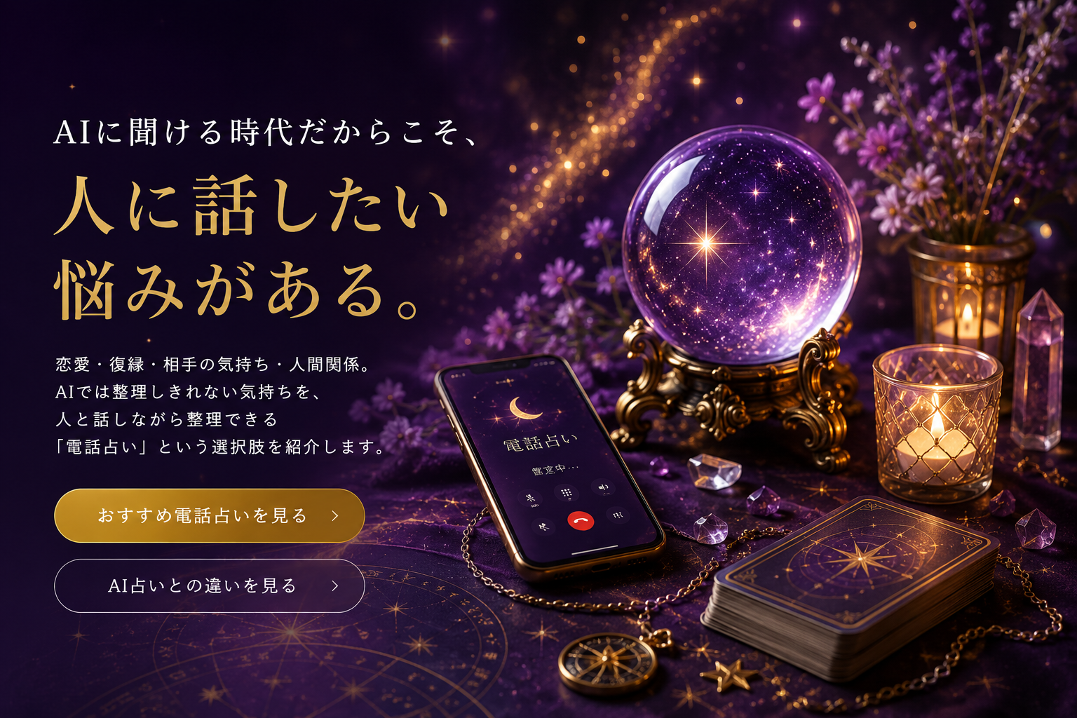 電話占いをイメージした水晶玉とスマートフォン